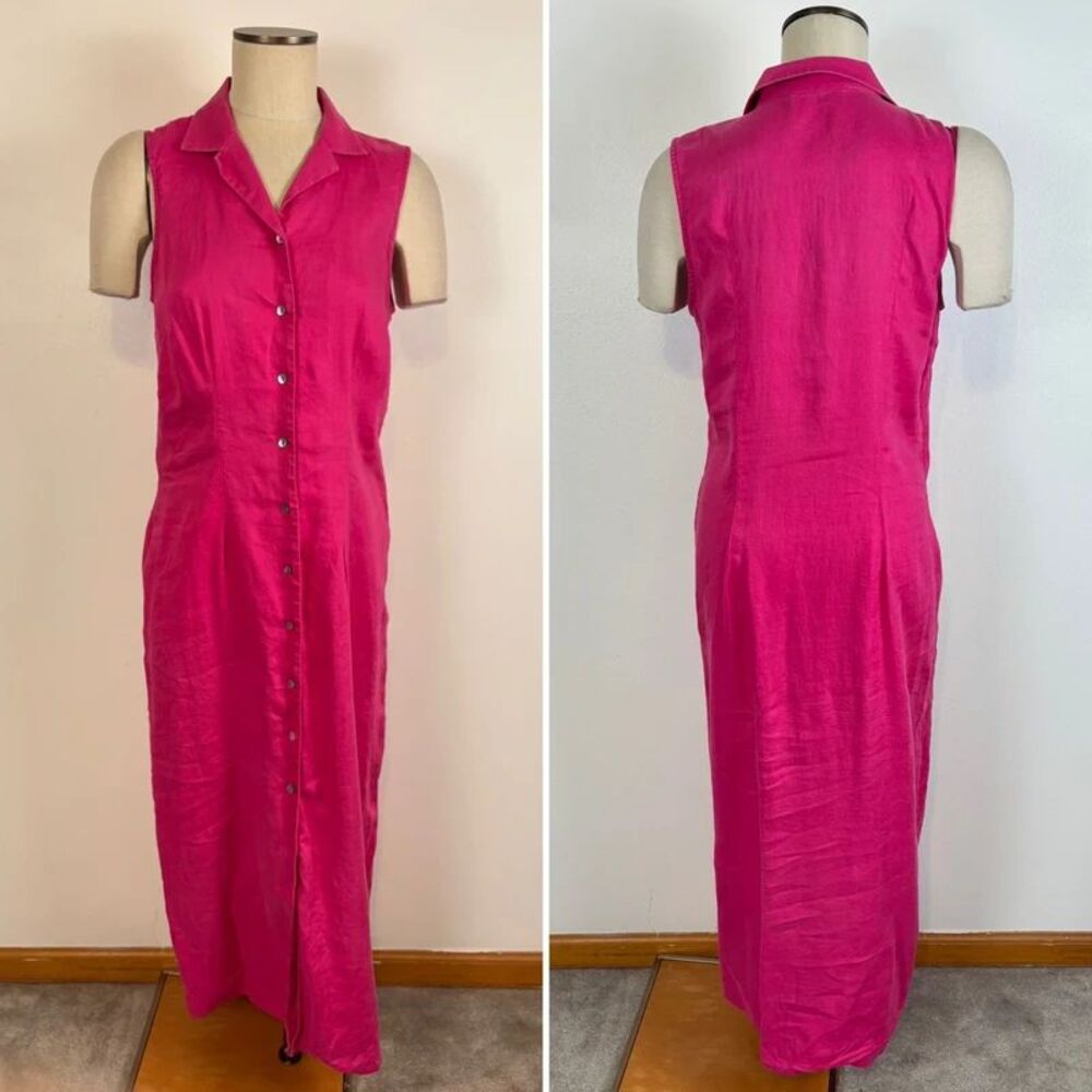 Casual Corner VTG 00% Linen Dress Womens 10 Pink Button Front Sleeveless Maxi